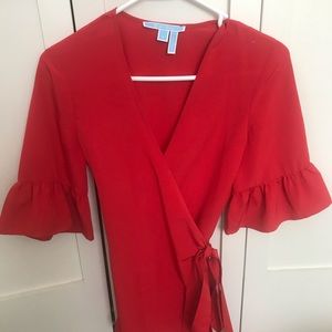Draper James red wrap shirt with ruffle sleeves